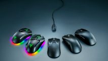 Five Razer mice surround a Hyperpolling dongle