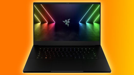 An image of the Razer Blade 15 gaming laptop, on an orange and yellow background.
