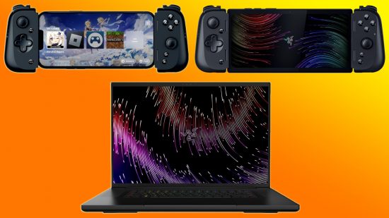 Razer Blade gaming laptop bundle Razer Edge Kishi V2 Pro: a laptop and two handheld devices, all black, appear above an orange and yellow background.