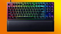 Razer Huntsman V2 TKL Black Friday deal: a black keyboard with multicolored RGB appears against an orange background.