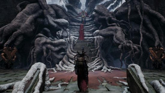 The Traveler approaches the Red Throne in Yaesha, which players may well return to in future Remnant 2 DLC locations.