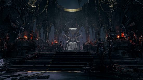 The One True King is a colossal final boss in The Awakened King DLC, but dwarfed by the cavernous palace sanctum that serves as his boss arena.