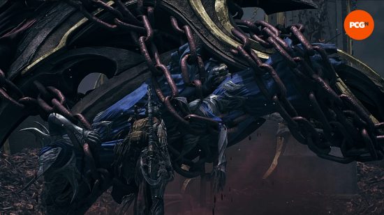 The enormous bludgeon wielded by The One True King in the Awakened King DLC, characterized by his own subjects strapped to it by huge chains.