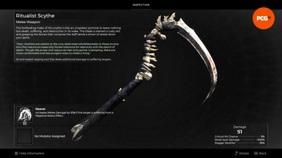 The Remnant 2 Ritualist Scythe as it appears once the Scythe Hilt and Scythe Blade are combined in The Awakened King DLC.