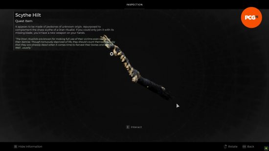The Scythe Hilt quest item as it appears in the inventory inspection menu, the first half of the Remnant 2 Ritualist Scythe.