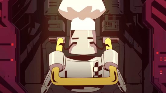Risk of Rain Returns Steam sale: a robot with a chef's hat and tweedily moustache sitting in a cargo ship drop pod