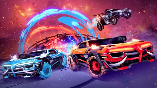 An orange and blue car race in Rocket League on Steam