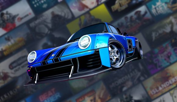 Rocket League car on Steam platform background