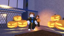 Sakura Stand codes: a Roblox man standing next to a woman surrounded by pumpkins.