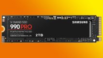 Samsung 990 pro 2TB Black Friday Best Buy deal: an SSD reading '990 Pro' appears above an orange background.