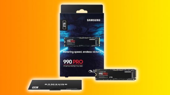 An image of the Samsung 990 Pro Series SSD and its box, on an orange and yellow background.