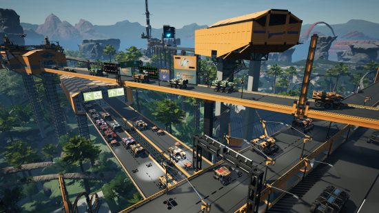 Games like Minecraft: overlapping highways of conveyor belts, all carrying cars.