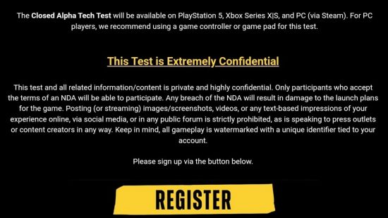 Text, der erklärt, dass der Suicide Squad-Test einer Geheimhaltungsvereinbarung unterliegt und dass Spieler nicht mit der Presse sprechen oder etwas über den Test preisgeben sollten. 