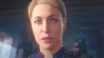 Star Citizen free to play: a close up on a female admiral of some sort on a spaceship brig