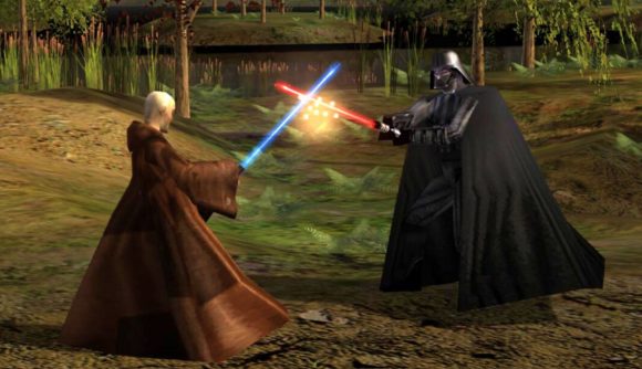 Star Wars Empire at War 2023 update: Obi-Wan and Darth Vader clashing their blue and red lightsabers in a forest