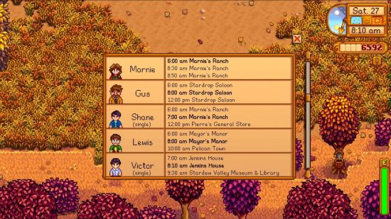 Stardew Valley mods: a screen showing five townsfolk, and what they're doing at various points during the day.