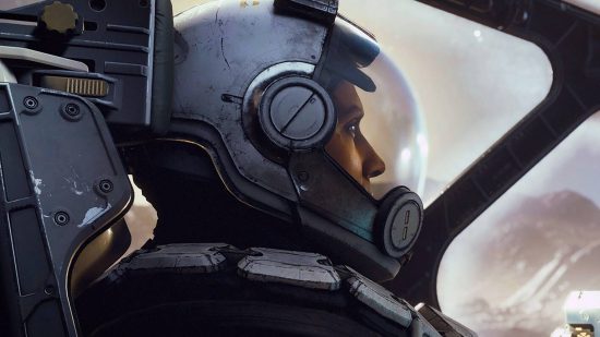 A woman in a huge space helmet inside a ship landing on an arid planet