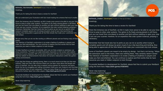 Two responses from Bethesda developers regarding negative Starfield reviews on Steam