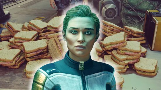 Starfield mod hardcore: a woman stood in front of a table covered in sandwiches, with a white glow around her