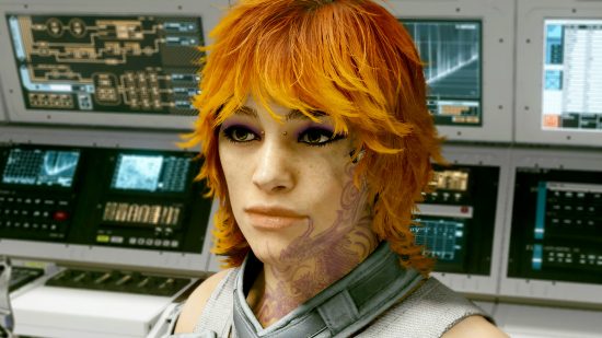 Starfield Pilgrimage skill overhaul mod - An astronaut with shoulder-length orange hair and a purple neck tattoo wearing white clothing in a room full of computer monitors.