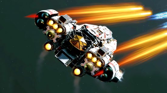 Starfield ship combat mod Apogee - A spaceship soars across the stars, orange lasers firing from its weapon systems.