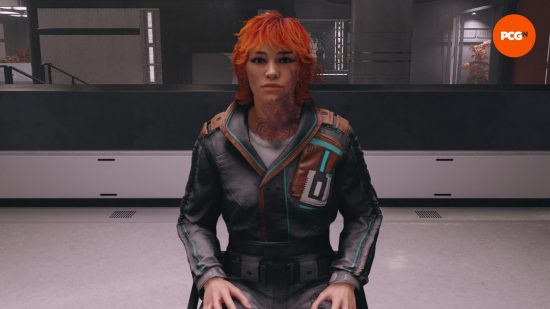 Starfield Pilgrimage skills mod - A red-haired person with a neck tattoo sits in a white interview room, wearing company overalls.