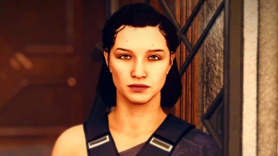Starfield update Nvidia DLSS: A woman with tied-back black hair stares ahead, a blank expression on her face.