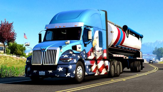 Steam autumn sale 2023 - A truck featuring Stars and Stripes paintwork in American Truck Simulator.