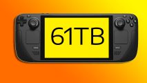 Steam Deck 61TB SSD storage Valve: a Steam Deck with '61TB' on the screen appears against a yellow and orange background.