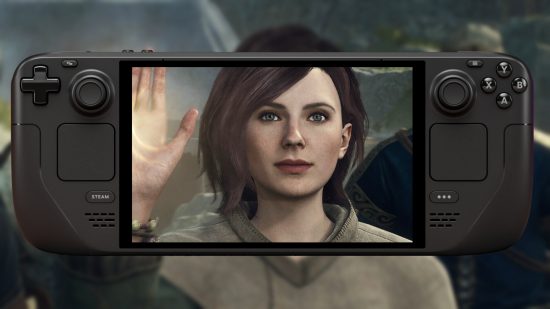 A screenshot of a person waving, from Dragon's Dogma 2, om the screen of a Steam Deck OLED.