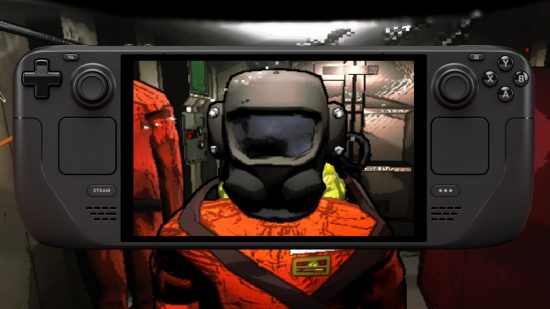 A screenshot of a crew member, wearing an orange hazmat suit, in Lethal Company.