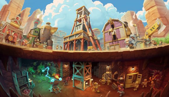 Steamworld Build review: artwork featuring both above and below ground of a fledgling town.