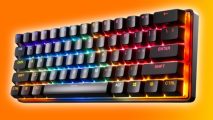 An image of the Steelseries Apec Pro Mini wireless gaming keyboard, on an orange and yellow background.