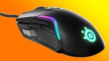 SteelSeries Rival 5 Black Friday deal: a black gaming mouse with turquoise and purple RGB lighting appears above a yellow and orange background.