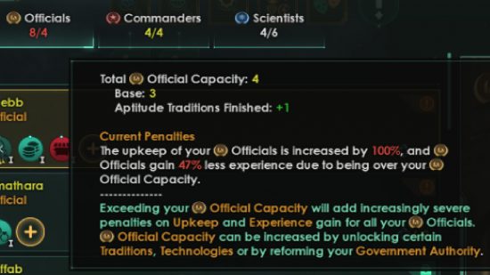 Stellaris Pyxis update - Screenshot showing the new leader limits with patch 3.10.