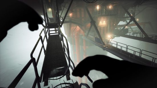 Still Wakes the Deep release date: Protagonist Caz stumbles along a gangway in the under-rig, throwing his hands up for balance.