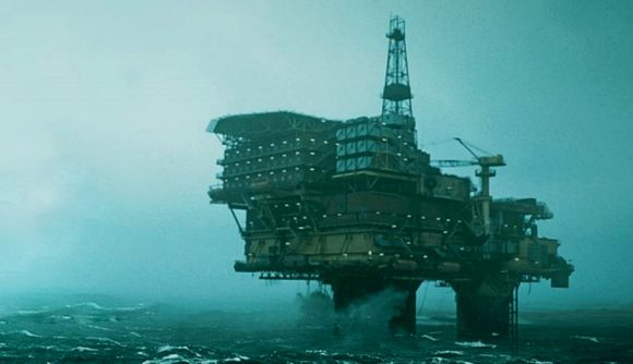 An off-shore oil rig looms out of the sea mist, a setting that we'll become acquainted with following the Still Wakes the Deep release date.