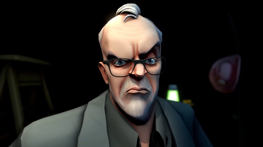 Taskmaster VR: a man with grey, receeding hair and glasses looks into the camera.