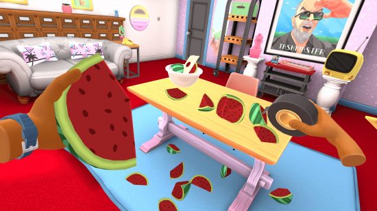 Taskmaster VR: a living room, with a bunch of cut watermelon.