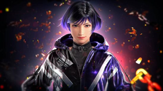 Tekken 8 roster - Reina is a young fighter with dyed hair, wearing a purple zip-up hoodie.