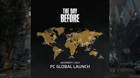 The Day Before early access times: a world map showing the early access release times for The Day Before