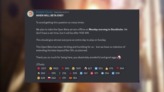 The Finals beta over: a blurred background with a Discord message in front