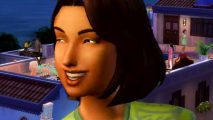 The Sims 4 For Rent - A woman in green smiles, a rooftop party taking place behind her.