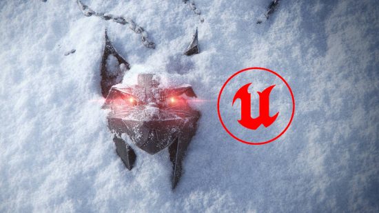 Witcher 4 key art, featuring a pendant obscured by snow, next to an Unreal Engine logo colored in red