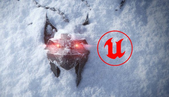Witcher 4 key art, featuring a pendant obscured by snow, next to an Unreal Engine logo colored in red