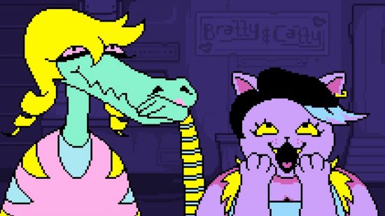 Undertale - an anthropomorphic alligator and cat standing by each other. The cat has their hands raised to their face in delight.