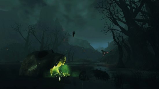 Valheim map based on Diablo's Sanctuary - A dark swamp with a large skull sitting in the water, green light emanating from its jawline.