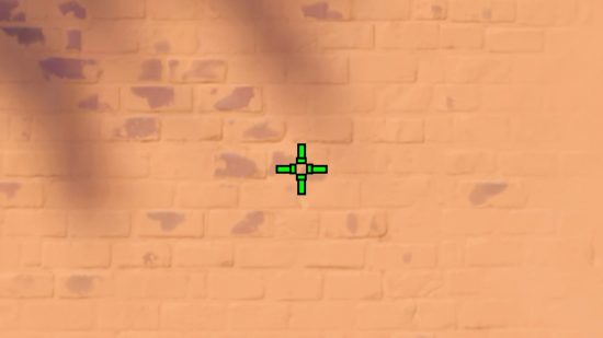 Best Valorant fun crosshairs: Four green lines that resemble Mario or Flappy Bird pipes on a Valorant wall.