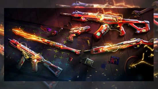The four gun and one melee skins that make up the Overdrive set of Valorant skins. 