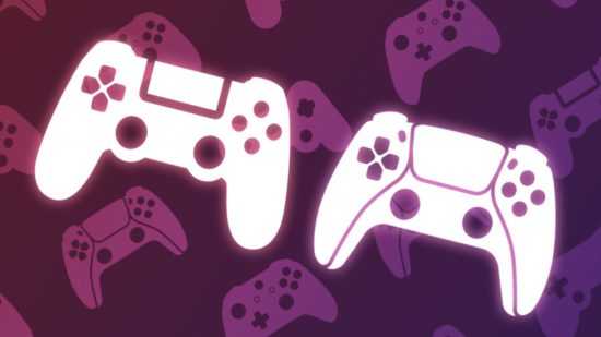 Image of the outline of a PlayStation DualShock and DualSense controller on a pink and purple background.